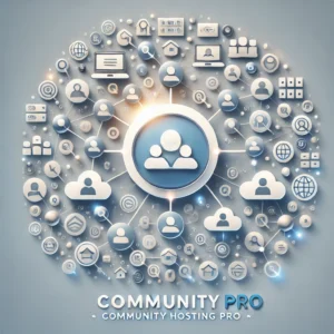 Illustration eines Community Hosting Pro-Pakets mit vernetzten Symbolen, die eine große Nutzerkapazität und Premium-Qualität darstellen. Minimalistisches Design in Blau und Weiß