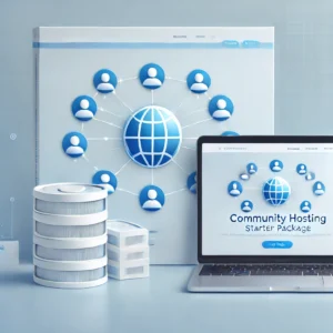 Illustration eines Community-Hosting-Pakets mit vernetzten Symbolen und minimalistischen blauen und weißen Tönen.