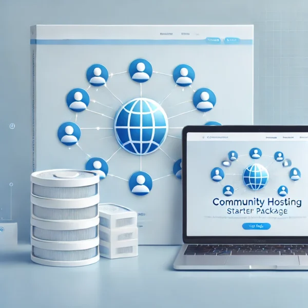 Illustration eines Community-Hosting-Pakets mit vernetzten Symbolen und minimalistischen blauen und weißen Tönen.