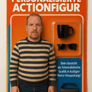 Personalisierte Actionfigur eines Mannes mit gestreiftem Pullover in Retro-Spielzeugverpackung, inklusive Tasse, Sonnenbrille und Tasche als Zubehör.