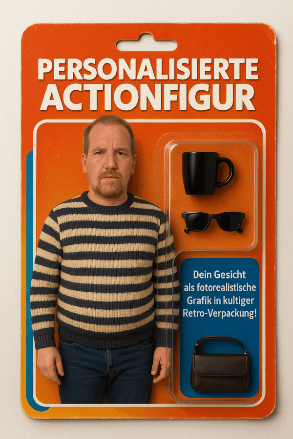 Personalisierte Actionfigur eines Mannes mit gestreiftem Pullover in Retro-Spielzeugverpackung, inklusive Tasse, Sonnenbrille und Tasche als Zubehör.