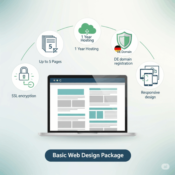 Vorschaubild für das Basic-Webdesign-Paket mit Icons für 5 Seiten, Hosting, DE-Domain, SSL und responsivem Design" verwenden.