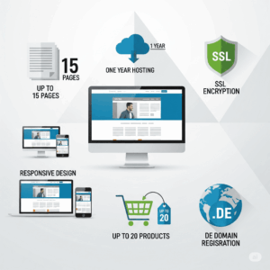 Vorschaubild für das Business-Webdesign-Paket mit Icons für 15 Seiten, Hosting, DE-Domain, Shop-Integration, SSL und responsivem Design" verwenden.