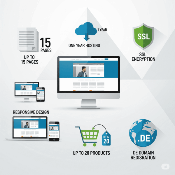 Vorschaubild für das Business-Webdesign-Paket mit Icons für 15 Seiten, Hosting, DE-Domain, Shop-Integration, SSL und responsivem Design" verwenden.